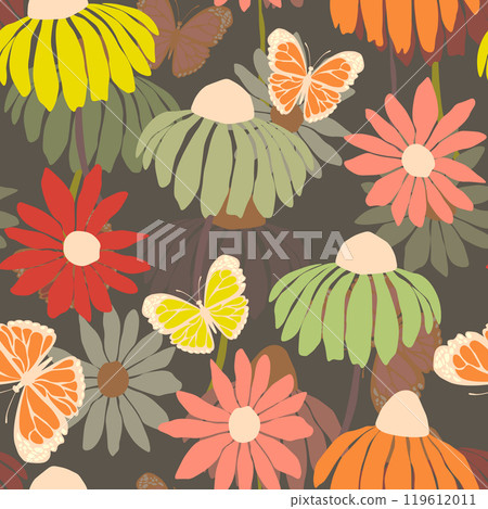 Seamless floral pattern based on traditional folk art ornaments. Colorful flowers on color background. Scandinavian style. Sweden nordic style. Vector illustration. Simple minimalistic pattern 119612011