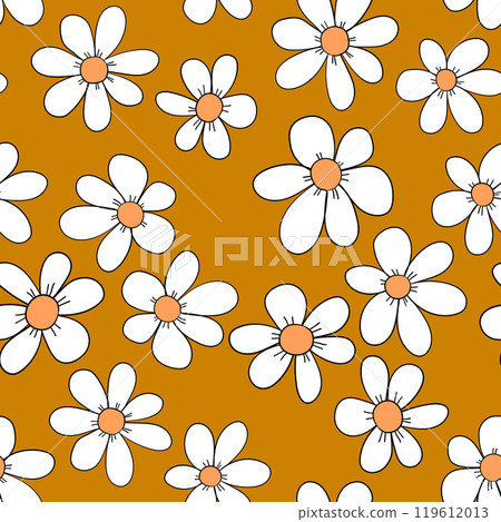 Seamless floral pattern based on traditional folk art ornaments. Colorful chamomile, daisy flowers on color background. Doodle style. Vector illustration. Simple minimalistic pattern 119612013
