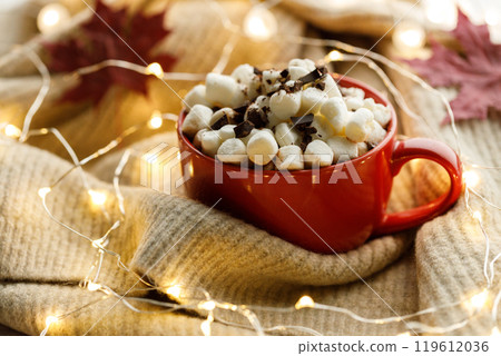Cocoa and marshmallows in red ceramic cup 119612036
