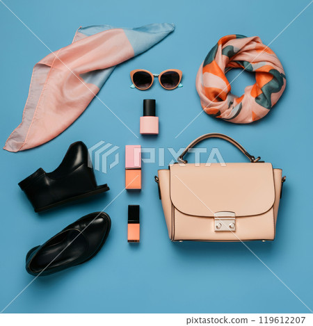 Colorful background image with fashion shoes, bags and accessories 119612207