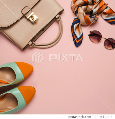 Colorful background image with fashion shoes, bags and accessories Colorful background image with fashion shoes, bags and accessories 119612208