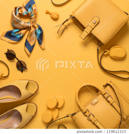 彩色背景圖像,配有時尚鞋、包包和配件 彩色背景圖像,配有時尚鞋、包包和配件 119612323