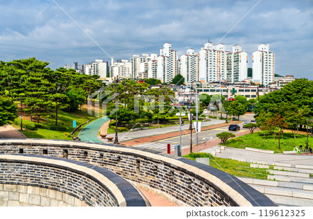 Skyline of Suwon Viewed from Hwaseomun Gate of Hwaseong Fortress, South Korea Skyline of Suwon Viewed from Hwaseomun Gate of Hwaseong Fortress, South Korea 119612325