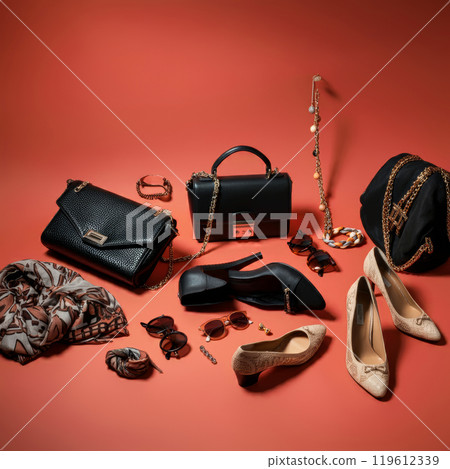 彩色背景圖像,配有時尚鞋、包包和配件 彩色背景圖像,配有時尚鞋、包包和配件 119612339