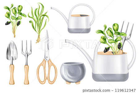 A set of garden tools rakes, shovels, scissors, pot, watering can, bunches of greenery. Equipment of florist and agronomist for cultivating land, farm, plant and flower. Digital isolated illustration A set of garden tools rakes, shovels, scissors, pot, watering can, bunches of greenery. Equipment of florist and agronomist for cultivating land, farm, plant and flower. Digital isolated illustration 119612347