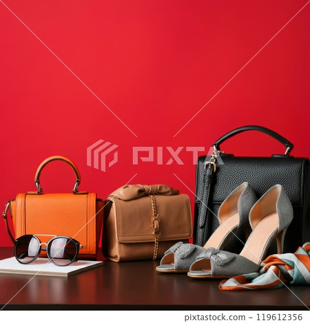 Colorful background image with fashion shoes, bags and accessories Colorful background image with fashion shoes, bags and accessories 119612356