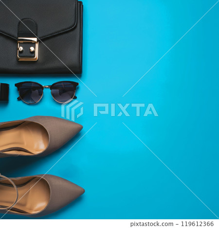 Colorful background image with fashion shoes, bags and accessories 119612366