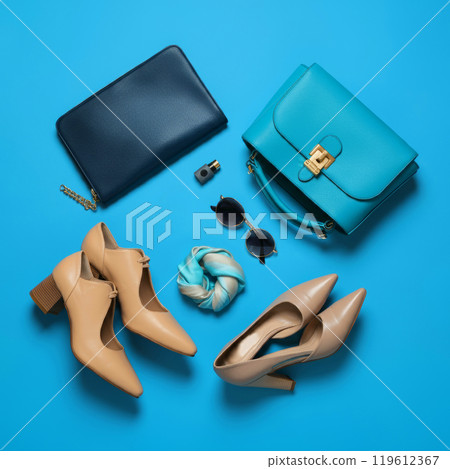 Colorful background image with fashion shoes, bags and accessories 119612367