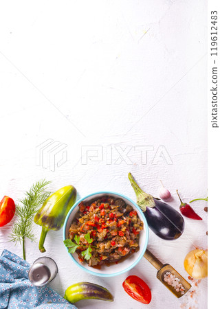 Eggplant and vegetable caviar with croutons 119612483