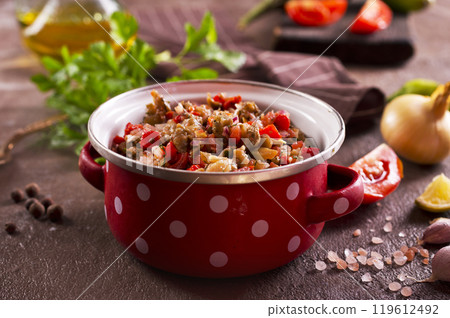 Eggplant and vegetable caviar with croutons Eggplant and vegetable caviar with croutons 119612492