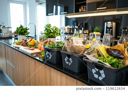 Recycle plastic bin with garbage waste 119612634