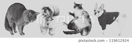 Retro punk collage cat and dog set. Halftone stipple effect. 119612924