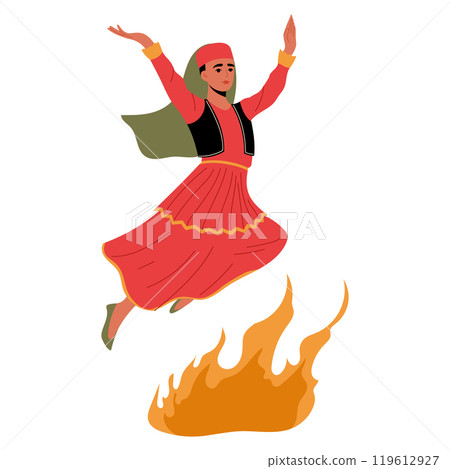 Muslim woman in festive clothes jumps over a bonfire in honor of the holiday of Novruz. Traditional festival 119612927