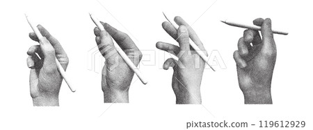 Set of retro photocopy hands with pencil. Vintage stipple effect. Trendy y2k aesthetic. Set of retro photocopy hands with pencil. Vintage stipple effect. Trendy y2k aesthetic. 119612929