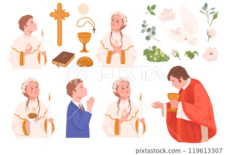 Vector set of First Communion clip art. Boy and girl praying, priest conducting Eucharist. Grail, church bread, Bible, rosary, white dove, crucifix, flowers, decorated altar. Symbols of Christianity. 119613307