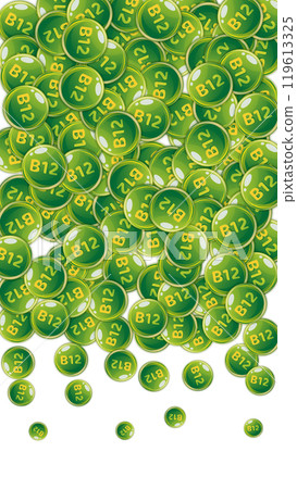 Vitamin B12 messy round pills. Beauty treatment and nutrition skin care. Wellness concept. Essential vitamins vector illustration. 119613325