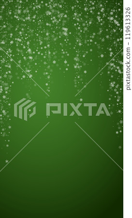 Falling snowflakes christmas background. Subtle flying snow flakes and stars on christmas green background. Beautifully falling snowflakes overlay. Vertical vector illustration. Falling snowflakes christmas background. Subtle flying snow flakes and stars on christmas green background. Beautifully falling snowflakes overlay. Vertical vector illustration. 119613326