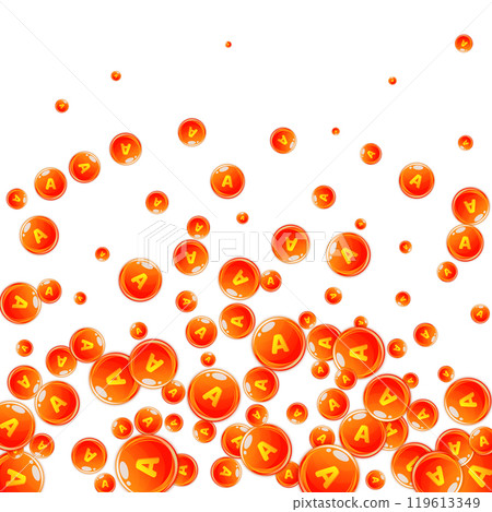 Vitamin A round capsules scattered randomly. Beauty treatment and nutrition skin care. Wellness concept. Medical and scientific background. 119613349
