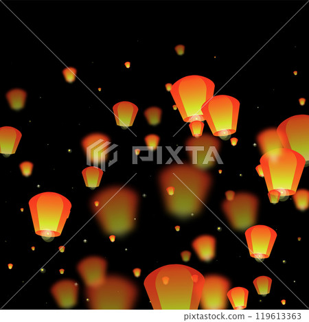 Sky lanterns floating in the night sky. Thailand holiday with paper lantern lights flying in the night sky. Sky lantern festival celebration. Vector illustration on black background. 119613363