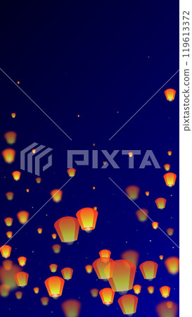 Chiang Mai celebration of Loy Krathong. Thailand holiday with paper lantern lights flying in the night sky. Chiang Mai cultural tradition. Vector illustration on dark blue background. 119613372
