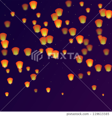 Yi peng festival card. Thailand holiday with paper lantern lights flying in the night sky. Traditional Yi Peng celebration. Vector illustration on purple gradient background. 119613385