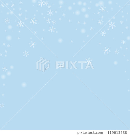 Magic falling snow christmas background. Subtle flying snow flakes and stars on light blue winter backdrop. Magic falling snow holiday scenery. Square vector illustration. Magic falling snow christmas background. Subtle flying snow flakes and stars on light blue winter backdrop. Magic falling snow holiday scenery. Square vector illustration. 119613388