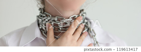 Woman touches wrapped around neck chain feeling throat pain Woman touches wrapped around neck chain feeling throat pain 119613417