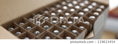 Open cardboard box with test tubes in scientific laboratory 119613454