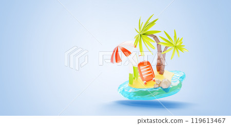 3d summer beach vacation sale render background. Tropical island icon in sea water or ocean with palm trees, umbrella and suitcase. Cartoon ad banner for travel tour offer or discount. 3D illustration 3d summer beach vacation sale render background. Tropical island icon in sea water or ocean with palm trees, umbrella and suitcase. Cartoon ad banner for travel tour offer or discount. 3D illustration 119613467