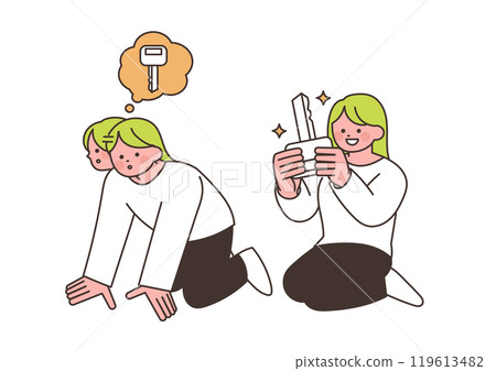 Illustration set of a woman looking for a key and a woman who found a key Illustration set of a woman looking for a key and a woman who found a key 119613482