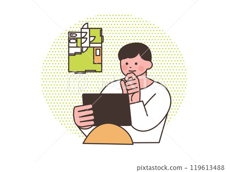 A man thinking about real estate while looking at a tablet A man thinking about real estate while looking at a tablet 119613488