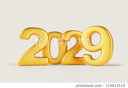 2029 gold number for Happy New Year and Christmas banner. Golden holiday metal shiny font on white background 3d render. Realistic typography glossy symbol for calendar, greeting card. 3D illustration 2029 gold number for Happy New Year and Christmas banner. Golden holiday metal shiny font on white background 3d render. Realistic typography glossy symbol for calendar, greeting card. 3D illustration 119613519