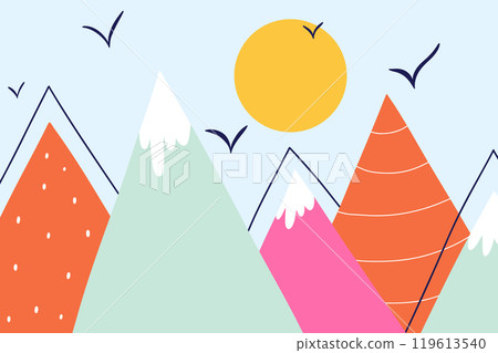 Vector childish drawn mountain illustration in scandinavian style. Mountain landscape, sun . childrens wallpaper. Mountain landscape, childrens room design, wall decor. Kids boho style. 119613540