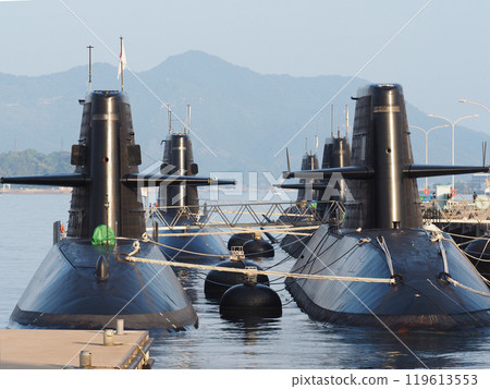 Submarines and destroyers of the Japan Maritime Self-Defense Force from "Alley Karasu Kojima" in Kure City, Hiroshima Prefecture 119613553