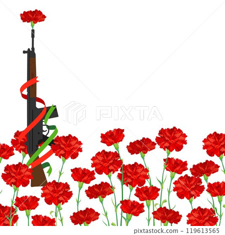 A festive composition for the Freedom Day of Portugal. A red carnation is inserted into the barrel of the rifle. A symbol of Victory and Revolution. A festive composition for the Freedom Day of Portugal. A red carnation is inserted into the barrel of the rifle. A symbol of Victory and Revolution. 119613565
