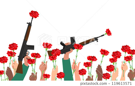 Festive composition for Portugal's Freedom Day. A red carnation is inserted into a rifle barrel. Symbol of victory and revolution. People are holding red flowers in their hands. 119613571