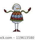 Traditional Christmas and New year Snowman character. Cheerful character wearing traditional ugly christmas sweater 119613580