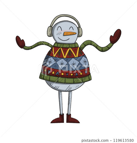 Traditional Christmas and New year Snowman character. Cheerful character wearing traditional ugly christmas sweater 119613580