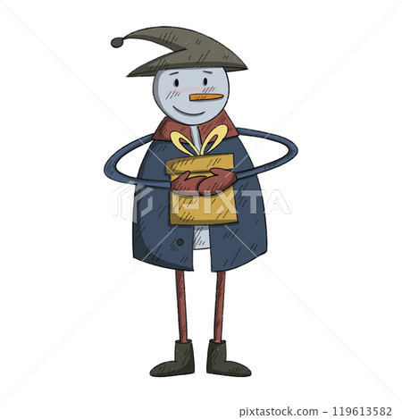 Traditional Christmas and New year Snowman character holding a giftbox Traditional Christmas and New year Snowman character holding a giftbox 119613582