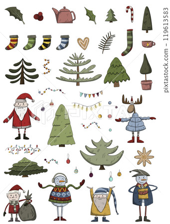 Christmas clipart set of elements for creating Christmas media. New year decorations. stickers with christmas characters. unique new 2025 year collection Christmas clipart set of elements for creating Christmas media. New year decorations. stickers with christmas characters. unique new 2025 year collection 119613583