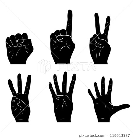 Vector set of counting on fingers. From 1 to 5. Collection of black silhouette hand gestures. Body parts for icon Vector set of counting on fingers. From 1 to 5. Collection of black silhouette hand gestures. Body parts for icon 119613587