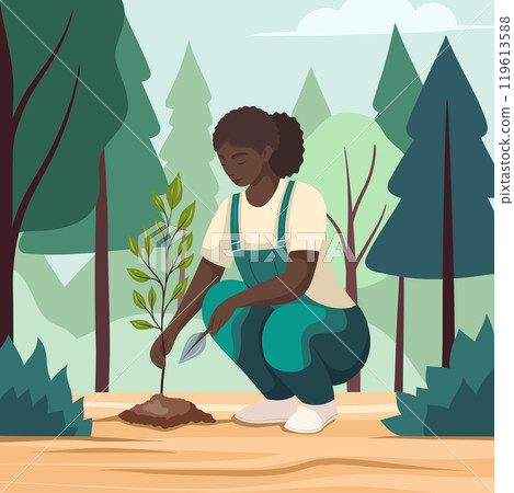 Vector illustration of black woman planting a tree in the forest in modern flat style. Environmental protection. Volunteering and conservation. 119613588
