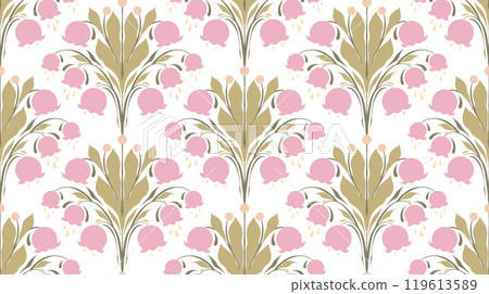 Vector seamless pattern with pink lilies of the valley. Texture with decorative silhouette of floral arrangement on a white background 119613589