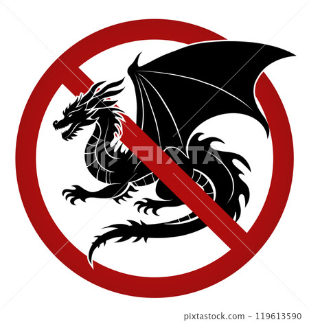 Vector prohibition sign with black silhouette of dragon. Do not touch mythical creatures. Danger of bite of fairy dragon. Forbidden sign Vector prohibition sign with black silhouette of dragon. Do not touch mythical creatures. Danger of bite of fairy dragon. Forbidden sign 119613590