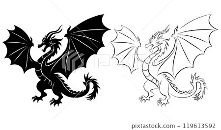 Vector set of wyvern silhouette clip art. Collection of black silhouette and outline angry dragon with wings. Mythological fairy tale monster Vector set of wyvern silhouette clip art. Collection of black silhouette and outline angry dragon with wings. Mythological fairy tale monster 119613592