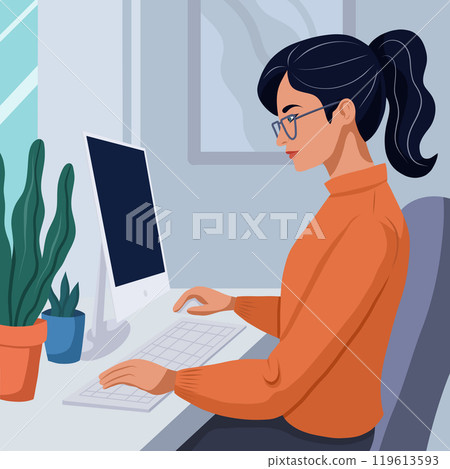 Vector illustration woman studying at computer in modern flat style. Remote work of freelancer at home. Woman programmer Vector illustration woman studying at computer in modern flat style. Remote work of freelancer at home. Woman programmer 119613593