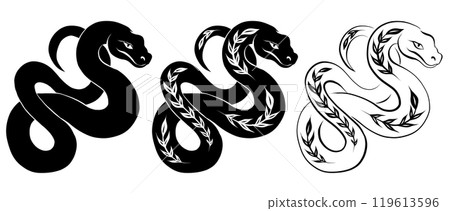 Vector monochrome tangled snake set. Collection of black outline and silhouette pythons with plant decoration. Symbol of Chinese New Year Vector monochrome tangled snake set. Collection of black outline and silhouette pythons with plant decoration. Symbol of Chinese New Year 119613596