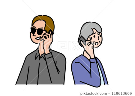 An elderly woman and the perpetrator are having trouble with a scam phone call targeting the elderly 119613609