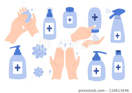 Clean your hands with alcohol gel. Killing virus. Hands used for touching will transmit the virus. Corona virus concept. washing hands with antibacterial hand sanitizer, sanitizer gel symbol 119613646