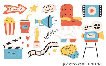 Set of cinema elements. Vector illustration. Flat style. Collection of objects for cinema. 119613649